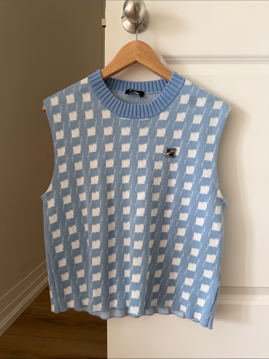 Sweaters - Light Blue and White Check Knit Sleeveless Sweater Vest